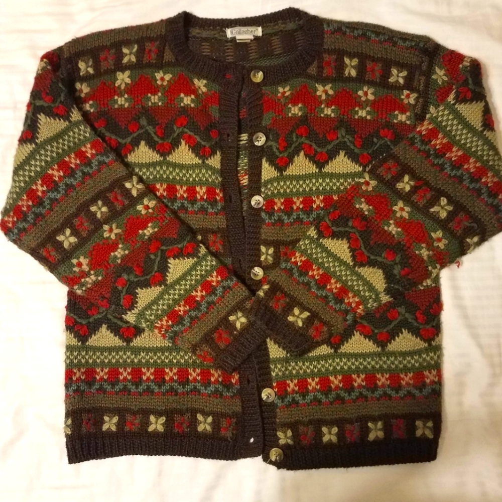 Vintage Gallagher Cardigan Sweater Wool Blend, Floral - Sz Med